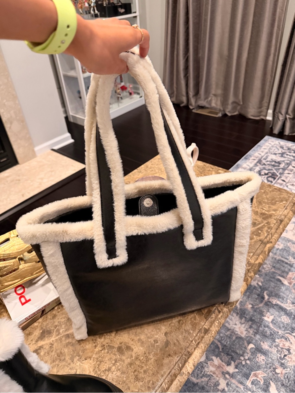 Plush-Trim Tote Bag in Black and White